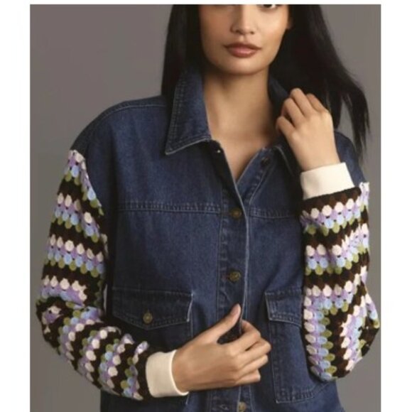 Anthropologie Blue Denim Jacket with Multicolor Crochet Sleeves - Picture 2 of 11